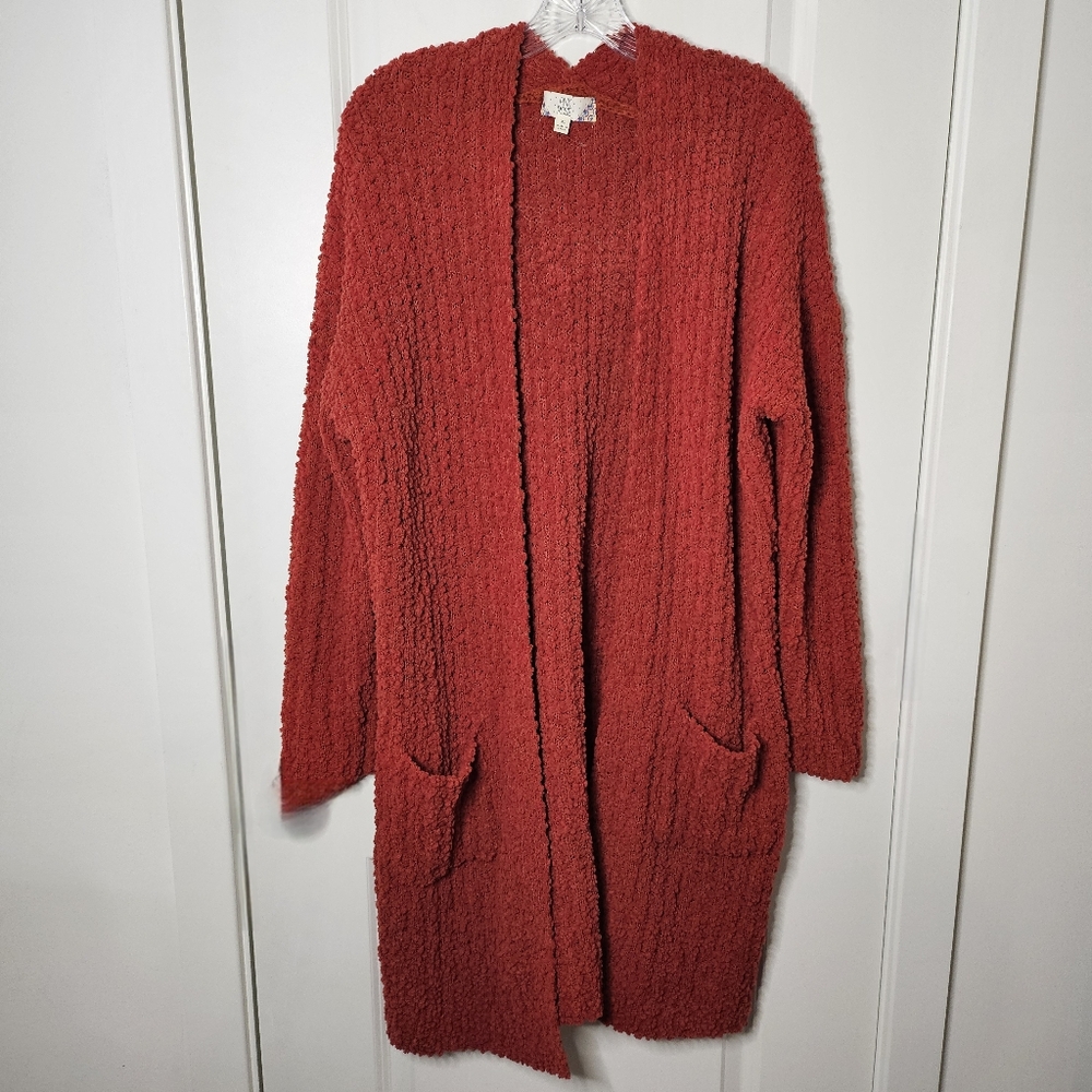 Pink Rose XL Popcorn Knit Open Front Long Soft Cardigan Sweater Pockets Cozy
